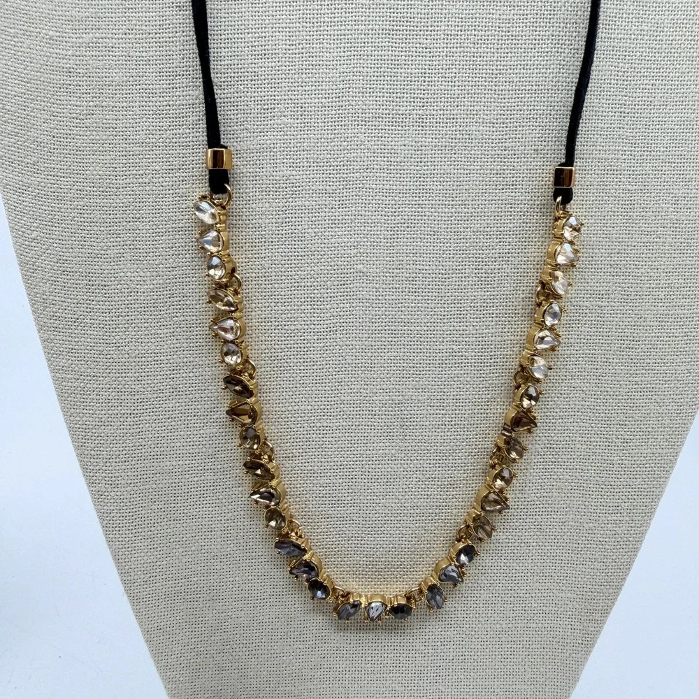 Gold Tone Smoky Gray Champagne Faceted Crystal Teardrop Cord Statement Necklace